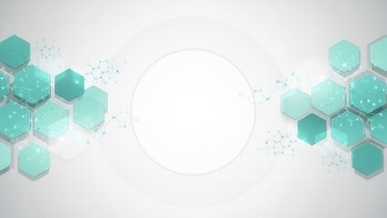 Modern teal hexagons with molecular structures on white background