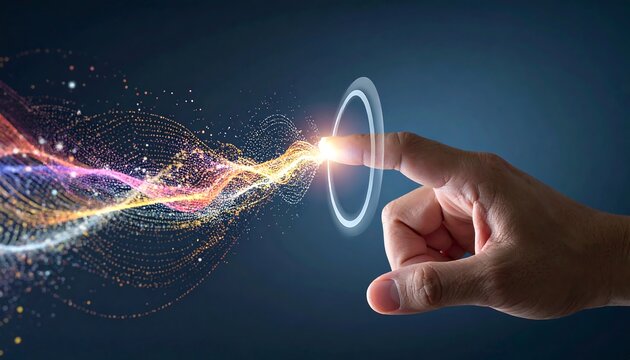 Hand finger pressing a glowing circular interface with colorful light particle waves flowing - Powered by Adobe