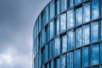 Curved modern glass building facade reflecting sky and clouds on a cloudy day