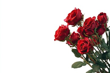 Fototapeta premium Close up bunch of vibrant red roses, green stems, leaves against a white background