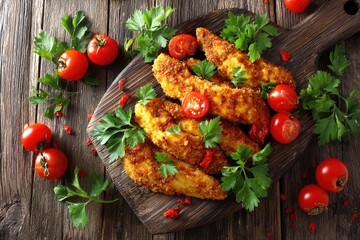 Golden fried chicken strips with cherry tomatoes and fresh parsley on a wooden board