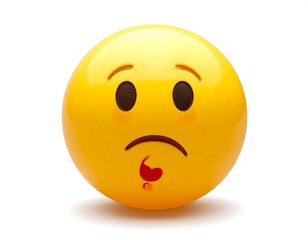 Fototapeta premium Round, yellow emoji face with worried expression and a single drop of red liquid near mouth