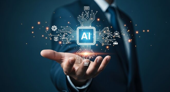 Businessman hand holding glowing artificial intelligence AI chip with circuit lines and digital icons