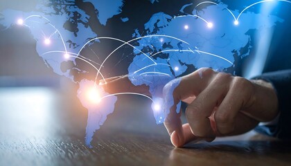 Hand Interacting with a Digital World Map Showing Global Connections and Travel Routes global network
