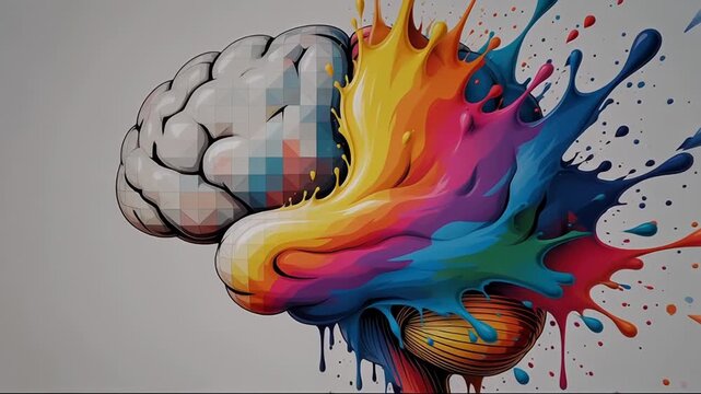 Colorful abstract brain with paint splash geometric patterns