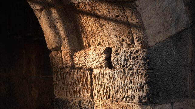 jamb. Ancient stone archway jamb with carved textures in sunlight. real-estate listings, architecture portfolios, designed for real-estate listing and luxury residence showcases.
