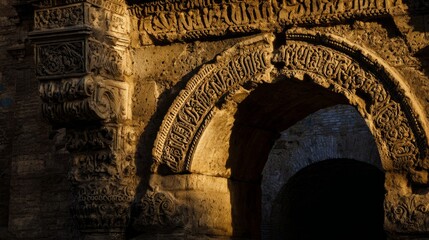 jamb. Ancient stone archway jamb with carved textures in sunlight. real-estate listings, architecture portfolios, designed for real-estate listing and luxury residence showcases.
