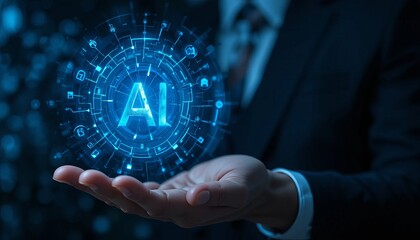 Businessman presenting glowing blue AI sphere with digital network connections and technological icons