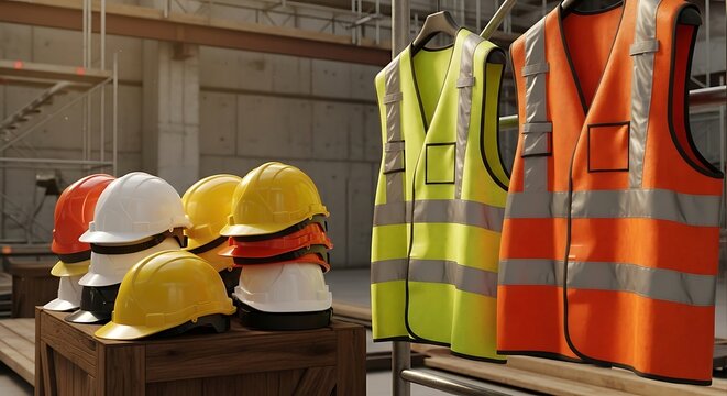 Essential safety gear a display of various colored hard hats alongside high-visibility reflective vests, ready for use on a bustling construction site, emphasizing workplace safety standards