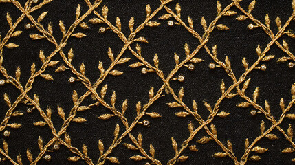 Black fabric with gold lattice pattern of intertwining vines and leaves isolated on a transparent background