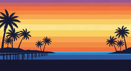 Obraz premium Serene tropical beach landscape with palm trees at sunset viewed from a pier