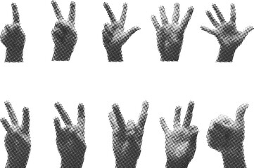 A big set of hands. Trendy halftone style for collages. Modern vector illustration.