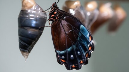 chrysalis. Butterfly emerging from its chrysalis, wings unfolding in transformation. wildlife magazines, conservation campaigns, designed for nature documentaries and education, used by professors.
