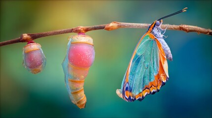 chrysalis. Butterfly emerging from its chrysalis, wings unfolding in transformation. wildlife magazines, conservation campaigns, designed for nature documentaries and education, used by professors.
