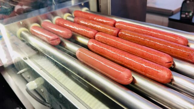 Hotdog sausages grilling on electric rollers, rows of frankfurters rotating on stainless rollers, glossy sear and light charring, sizzling juices, automated conveyor cooking in convenience
