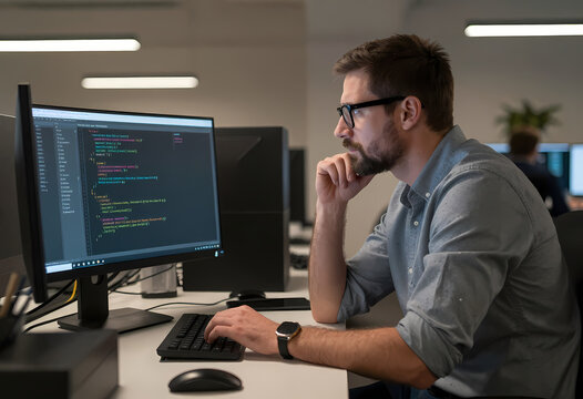 bespectacled engineer sits pensively cluttered desk fingers poised keyboard contemplate lines code streaming across c