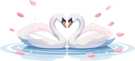 Naklejka premium Swan Romance Elegance. Two swans forming a heart with their necks on a minimalist pond ripple, sparkle dust and petals drifting in