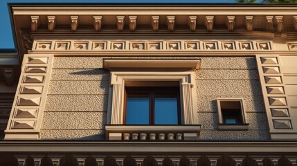 entablature. Classical architecture cornice featuring conical guttae details under soft window light. real-estate listings.
