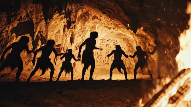 Mystical figures dance under smoldering coals, primitive shamans jump around a fiery flame under the roof of a cave, spiritual leaders of primitive peoples perform ceremonial dances around a bright