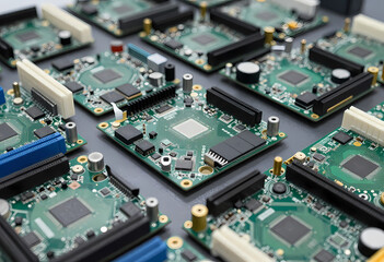 Obraz premium perspective sorted computer components sustainable electronics factory motherboards microchips meticulously arranged