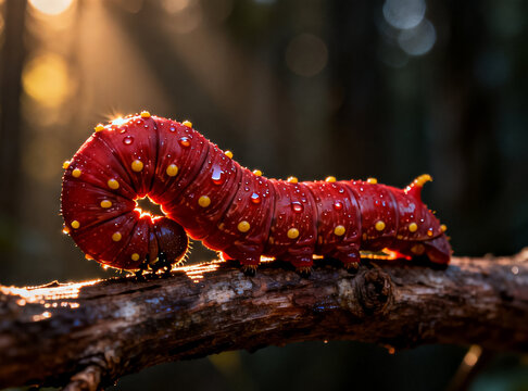 a ruby red caterpillar with yellow knobs