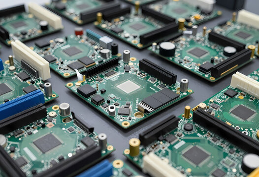 perspective sorted computer components sustainable electronics factory motherboards microchips meticulously arranged