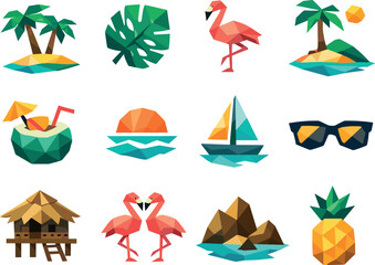 Obraz premium Tropical Icon Grid. A professional low-poly vector icon set dedicated to tropical themes and exotic summer visuals, featuring
