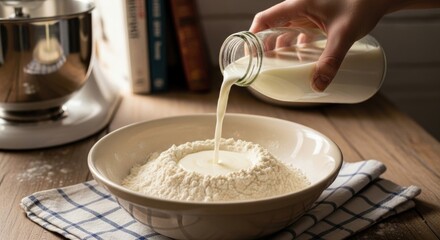 A person pouring milk into a bowl of flour to prepare dough. The process of baking from scratch with fresh ingredients in a rustic kitchen
