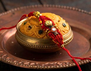 Ornate sweet treat atop a golden bowl, adorned with intricate, colorful threads on a textured bronze plate