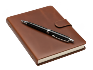 Brown leather notebook with pen isolated on transparent background