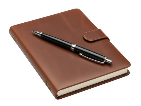 Brown leather notebook with pen isolated on transparent background