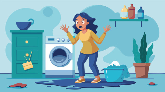 A surprised woman stands near a washing machine in a laundry room, noticing that something has gone wrong. Laundry items are scattered on the floor, indicating a mishap in the washing process