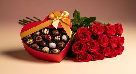 Heart-shaped box of chocolates and red roses arrangement