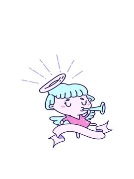 bobbing motion animation of scroll banner with tattoo style angel blowing trumpet