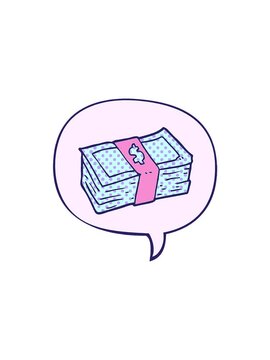 sales flash animation of cartoon stack of cash with speech bubble in comic book style