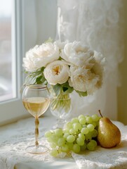 Still life with white and peach roses in a vase, fruit basket with grapes, pear, apple, wine glass. Harvest celebration concept.