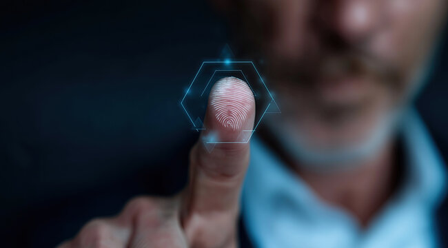 Futuristic biometric fingerprint scanning technology highlighted through glowing hexagonal digital interface. - Powered by Adobe