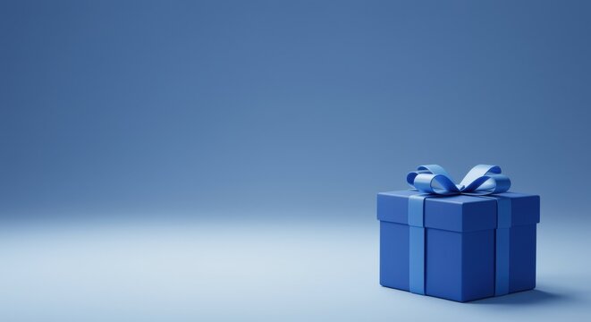 A single blue gift box with a ribbon and bow sits on a plain blue background