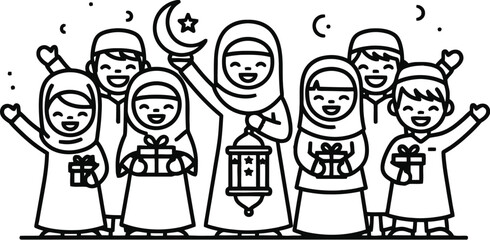 Naklejka premium Happy muslim family celebrating eid with gift and lantern