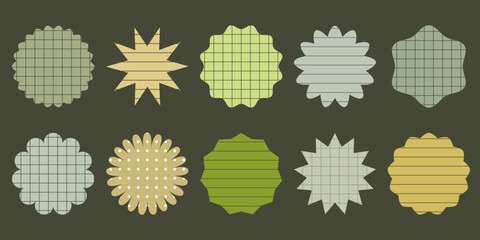 Retro pastel green and gold sticker set. Vector geometric labels with grid and stripe patterns for tags, scrapbook, children's creativity.