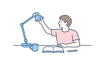 Fototapeta premium Minimalist Desk Scene. Man sits at a desk reaching up to reposition a desk lamp calmly Minimalist flat line vector illustration,