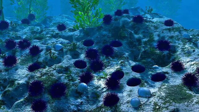Purple sea urchin, a spiny marine echinoderm living on the ocean floor and feeding on algae.