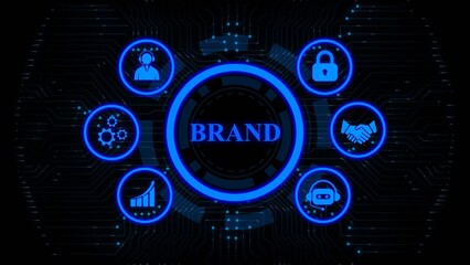 Obraz premium A digital illustration featuring a central circle labeled 'BRAND' surrounded by six icons representing various business concepts.
