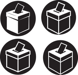 A simple Set of  black and white illustration depicting a ballot box with a paper inside