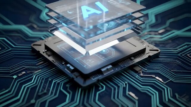 Artificial intelligence processor animation with layered data circuits, advanced AI computing technology, neural network processing, machine learning chip and futuristic digital innovation