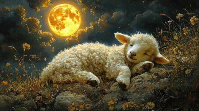Sleeping Lamb Under Bright Full Moon with Night Sky and Clouds in Artistic Nature Scene