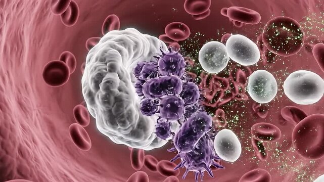 Microscopic View of Immune Cells Attacking Pathogens.