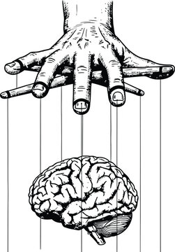 Manipulated mind under control with puppeteer's hand
