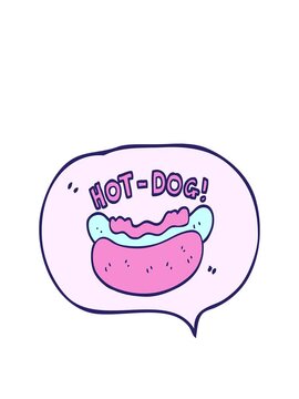stretching up animation of freehand drawn speech bubble cartoon hotdog