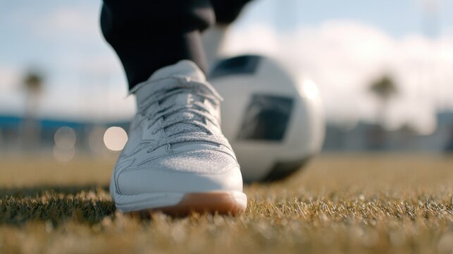 Close-up of athletic shoe poised above soccer ball on grass field, capturing the essence of sports and competitive spirit in action